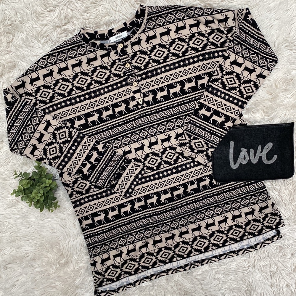Cherish LS Holiday Tunic Henley Top 💗 Tan & Black